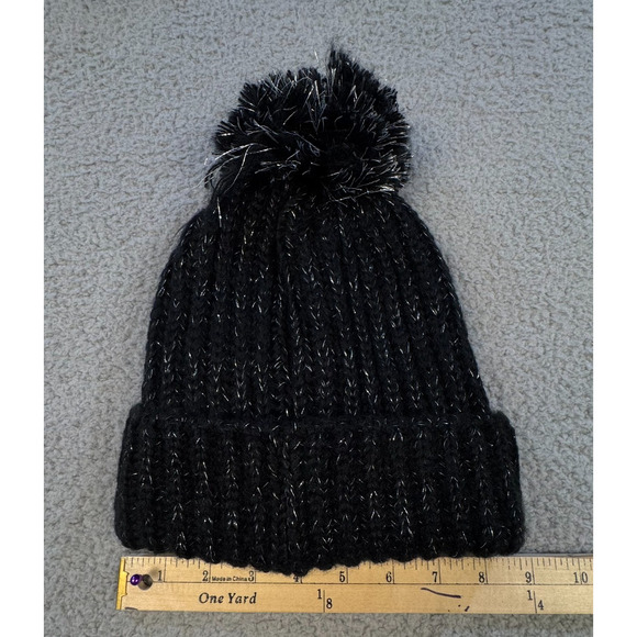 Black Knit Pom Pom Beanie Hat Silver Metallic Thread Womens One Size - Picture 2 of 5